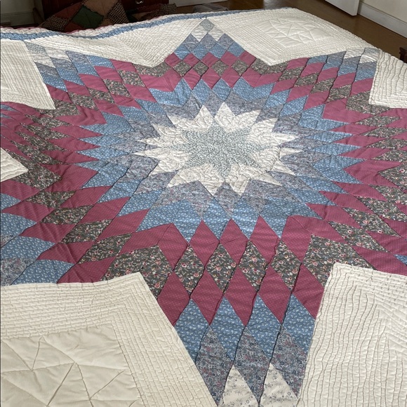 Handmade Quilt Full/Double Star Pattern Blue/Cream/Mauve ~82” square lightweight - Picture 4 of 16
